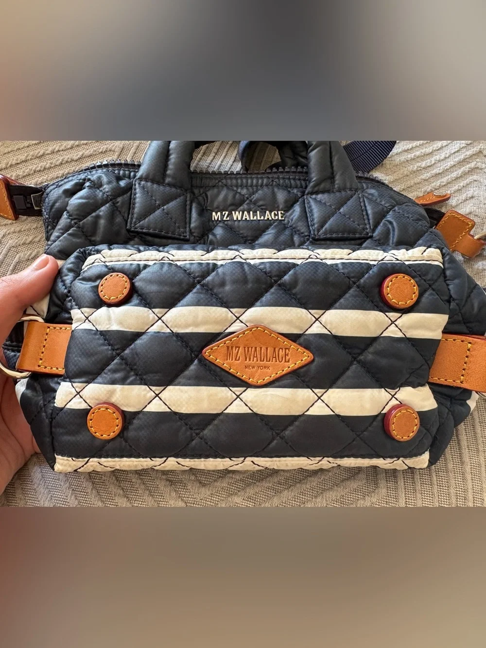 MZ WALLACE Micro Sutton Quilted Nylon Crossbody Tote - Navy & White Stripes - Picture 2 of 4